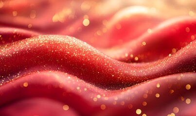 Red and pink background, golden glittering particles on the fabric surface, Generative AI