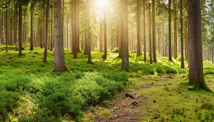 Obraz premium Serene Forest Escape: Panoramic Landscape of the Black Forest with Sunshine Beams and Moss-Covered Path