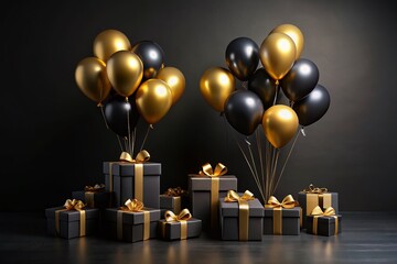 Black Friday Sale with Golden and Black Balloons and Gift Boxes on a Dark Background for Promotional Campaigns and Marketing Materials