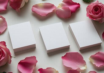 white blank business cards, placed on a white background paper with five or six rose petals scattered around them