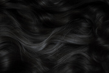 Brunette or black hair. Female long dark hair in black. Beautifully laid curls. Closeup texture in...