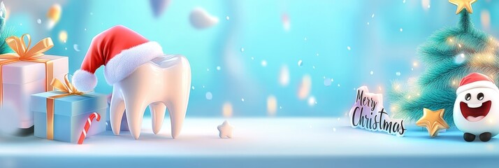 Festive tooth and cheerful characters with christmas decor and gifts. Happy New Year. Merry Christmas