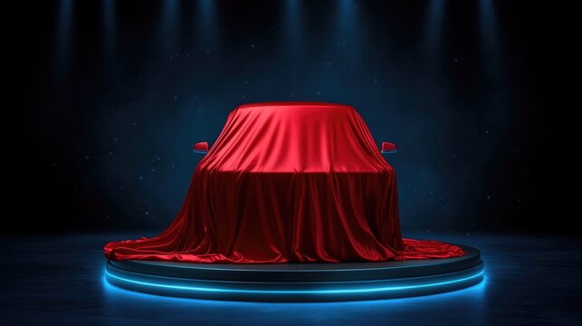 Red silk-draped car on illuminated stage at auto show reveal event. Happy New Year. Merry Christmas