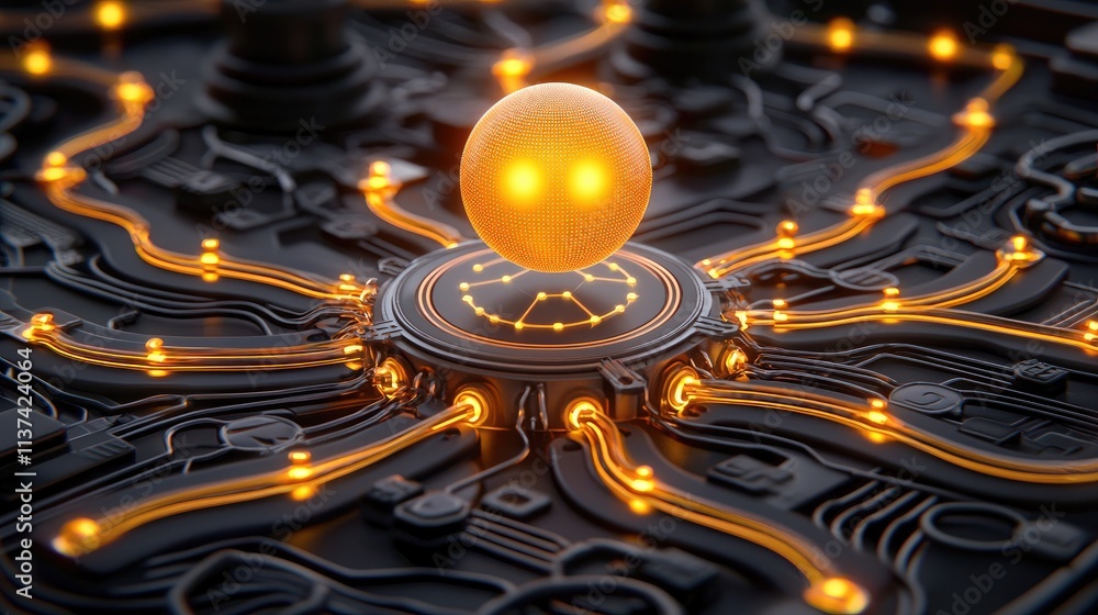 Poster dynamic tech energy sphere futuristic lab digital art high-tech environment close-up view innovation