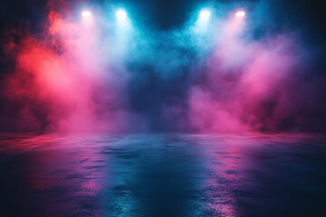 Empty Dark Room with Vibrant Neon Lights and Smoky Stage Atmosphere