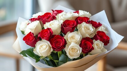 A Bouquet Of Red And White Roses Beautifully Arranged