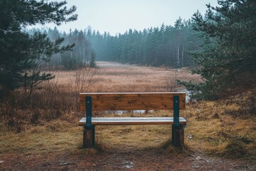Empty bench overlooking serene valley in autumn forest landscape
