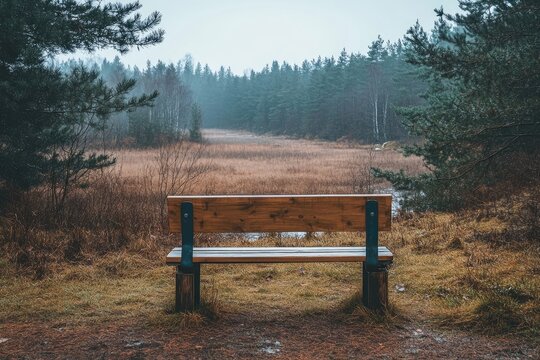 Empty bench overlooking serene valley in autumn forest landscape
