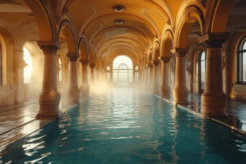 Obraz premium Sunlight illuminating misty indoor swimming pool with columns and arches