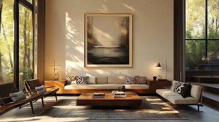 A mid-century inspired living room with art deco influences, featuring brass inlay furniture, geometric-patterned throw pillows, and a statement mirror with intricate gold framing,