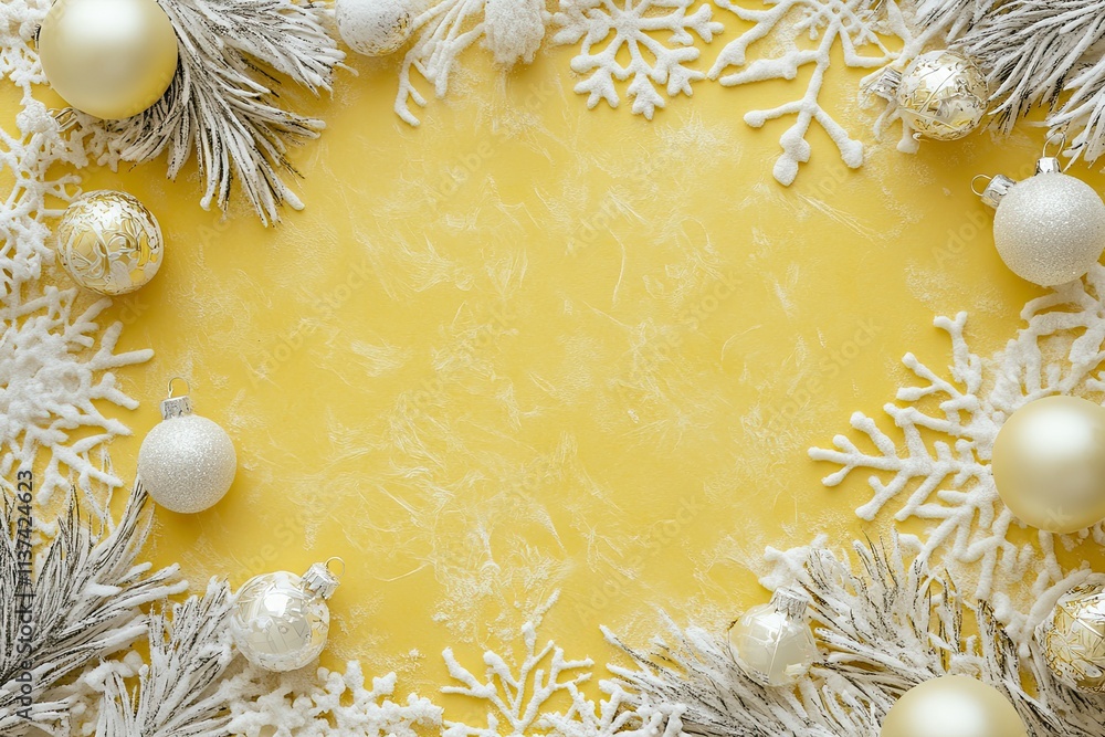 Poster elegant yellow and cream paper with winter ornaments and empty space for text