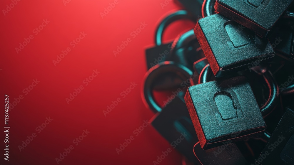 Poster close-up of black padlocks on a red background. tool and encryption concept.