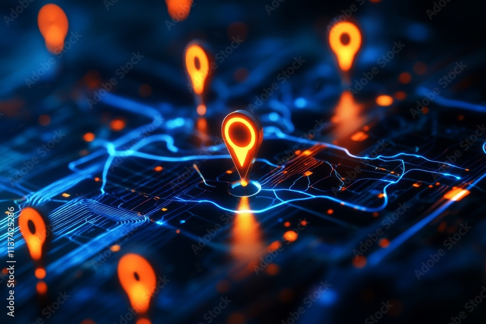 Poster digital map with glowing location markers and connections.