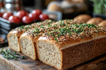 Freshly baked whole wheat bread topped with herbs and seeds