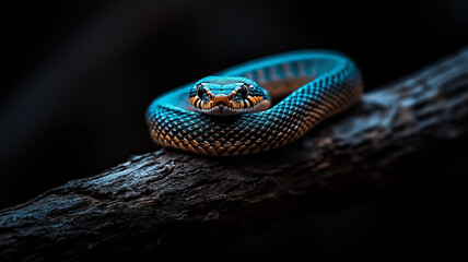 close up of venomous snake coiled around branch, showcasing its striking scales and vibrant colors. image captures snake intense gaze and intricate patterns, evoking sense of intrigue and caution