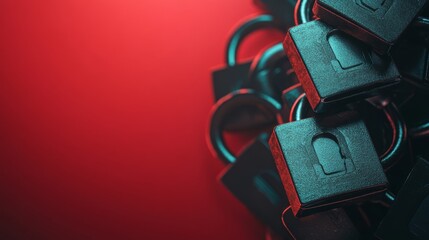 Close-up of black padlocks on a red background. Tool and Encryption concept.