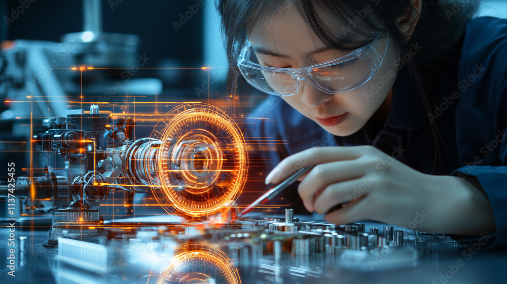 Fototapete close up of engineer working with technical equipment, focusing on precision and detail in modern wo
