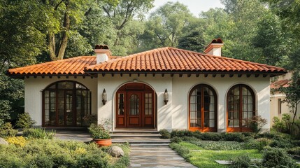 Obraz premium Spanish style house exterior showing terracotta roof and stucco walls