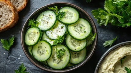 Sliced cucumber salad with parsley and black pepper seasoning in bowl
