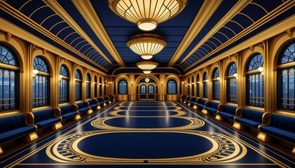 Obraz premium Luxurious art deco hallway with elegant blue and gold interior design