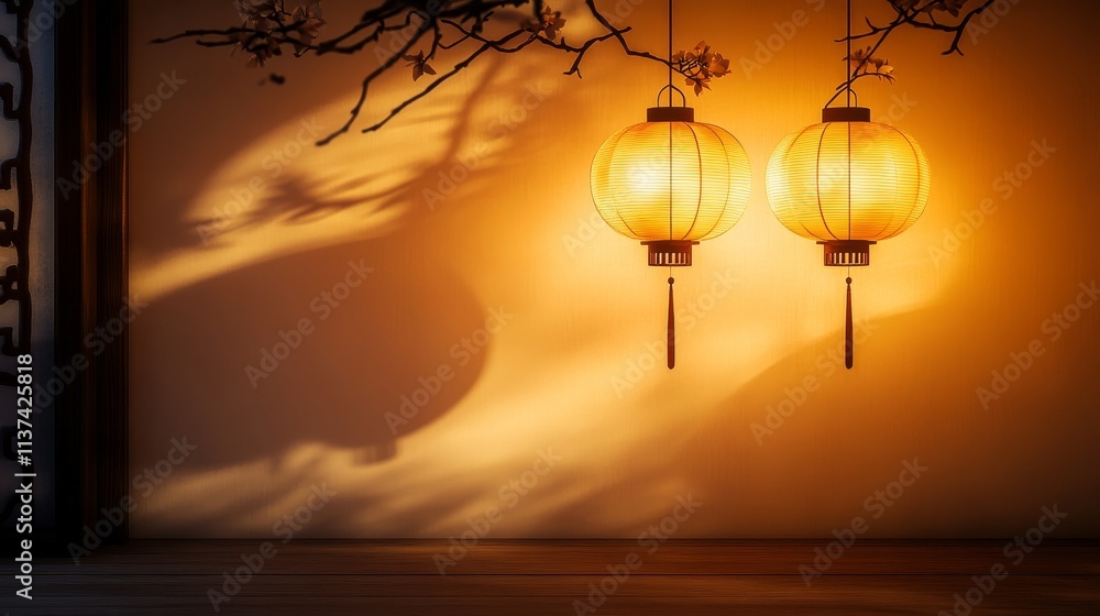 Poster two glowing lantern, background casting warm shadows on a wall, creating a serene atmosphere.