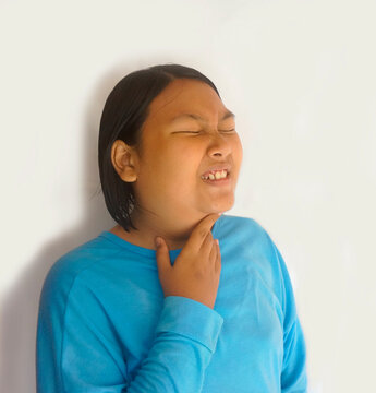 Little Girl Touching Her Neck Suffering From Mumps Or Salivary Gland In Pain