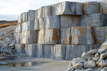 Natural stone quarry showcases large gray rock formations during golden hour