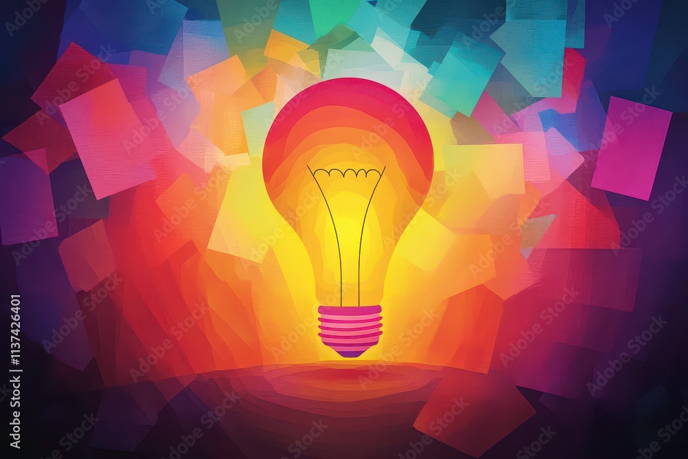 Poster a glowing light bulb surrounded by colorful abstract shapes, symbolizing ideas and creativity.