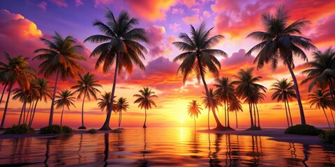 Obraz premium Abstract 3D Render of a Tropical Sunset with Stylized Palm Trees and Gradient Sky in Ultra High Definition