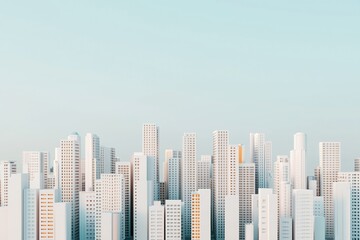 Fototapeta premium economic mobility growth concept. A minimalist city skyline against a clear blue sky, featuring modern buildings in varying heights and structures.