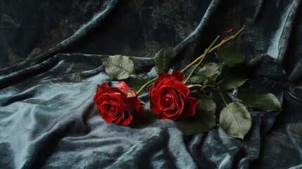 Two Red Roses Resting on Dark Blue Velvet