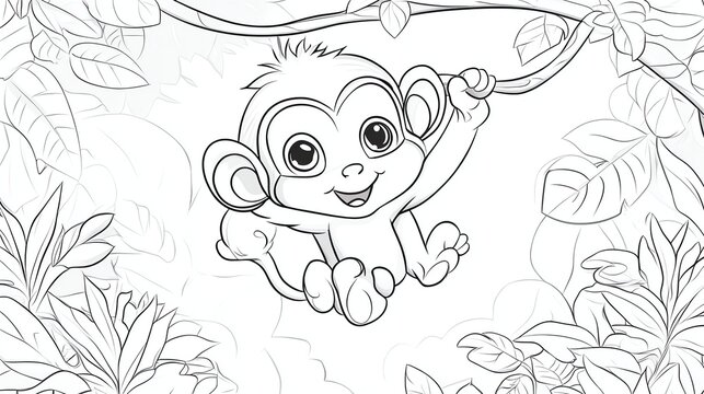 A black and white line drawing of a monkey swinging from a vine.