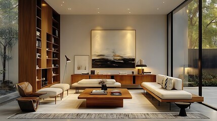 A mid-century modern living space designed with modular seating and adaptable coffee tables, complemented by a wall-to-wall custom storage solution with open shelving and closed cabinets,