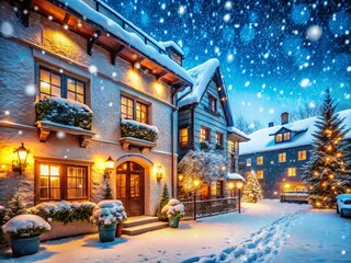 Blue Winter Wonderland: Snowy Holiday Architecture Photography Background