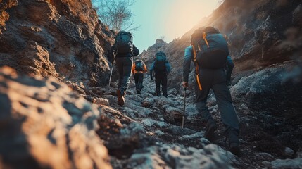 Hiking Team Ascending Rocky Mountain Path