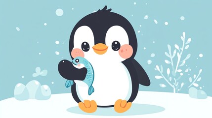 Naklejka premium A cute cartoon penguin holding a fish.