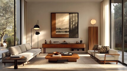 A minimalist mid-century inspired living room with a walnut media console, a light gray sofa, and geometric wall decor, surrounded by a soft beige rug and muted tones,