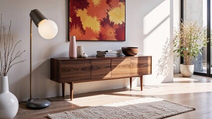 Generative AI, Minimalist walnut console with bold abstract artwork and soft natural light in a modern interior
