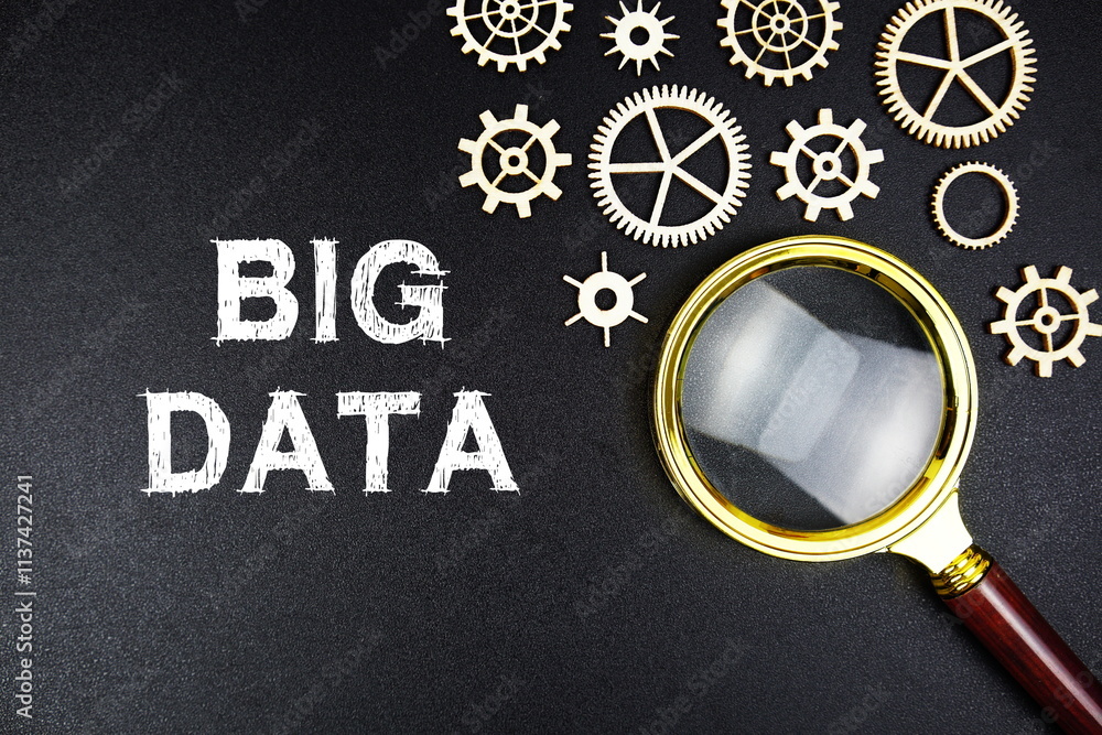 Poster big data text message with magnifying glass on black background