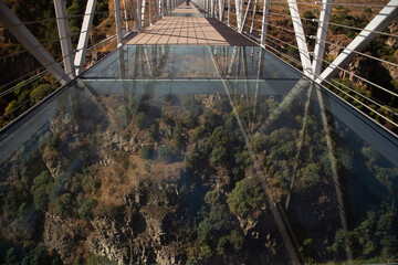 A glass suspension bridge in Georgia, offering a thrilling view of a deep canyon below.