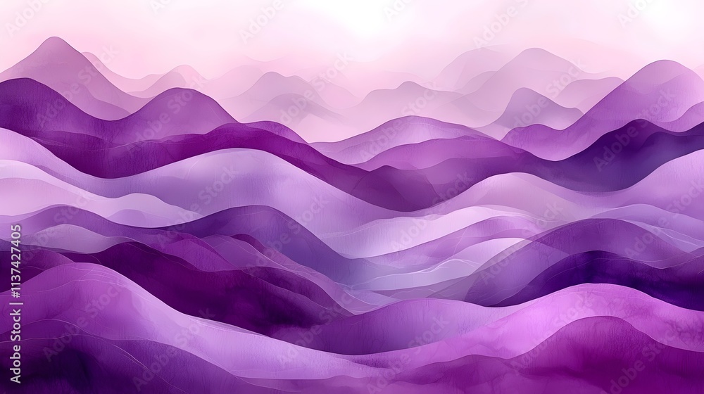 Poster a serene abstract landscape featuring rolling hills in various shades of purple, creating a calming 