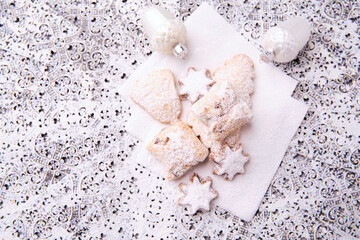 Christmas cookies on bright background. Soft focus. Top view. Close up.	