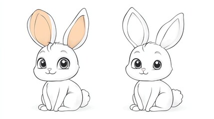 Two illustrations of a cute cartoon rabbit, one with colored ears and one uncolored.