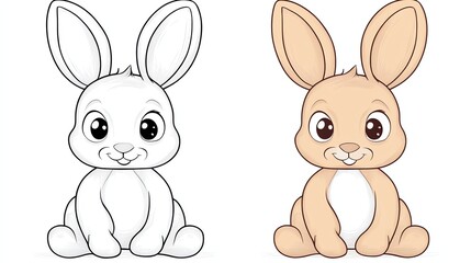 Fototapeta premium Two illustrations of a cute cartoon bunny, one black and white and the other colored in brown.