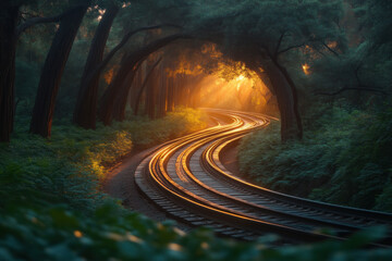 Obraz premium Winding railroad tracks through a misty forest at sunset.