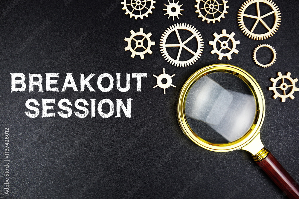 Poster breakout session text message with magnifying glass on black background