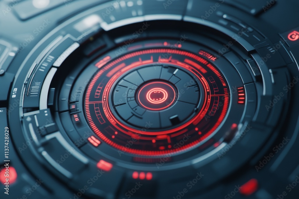 Poster futuristic digital interface with red and black design elements.