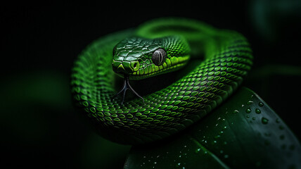 Fototapeta premium vibrant green snake coiled around leaf, showcasing its intricate scales and striking features. lush background enhances snake natural beauty and habitat