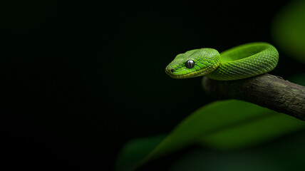 Fototapeta premium green snake resting on tree branch, showcasing its vibrant scales and striking eyes. dark background enhances snake vivid color, creating captivating and serene atmosphere