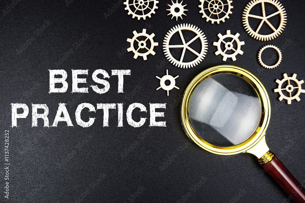 Poster best practice text message with magnifying glass on black background